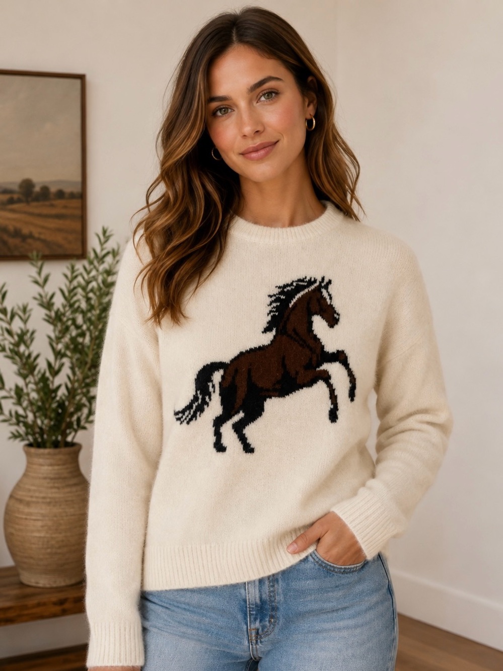 Twentifourth Cream Horse Intarsia Crewneck Sweater - Women NWOT Small